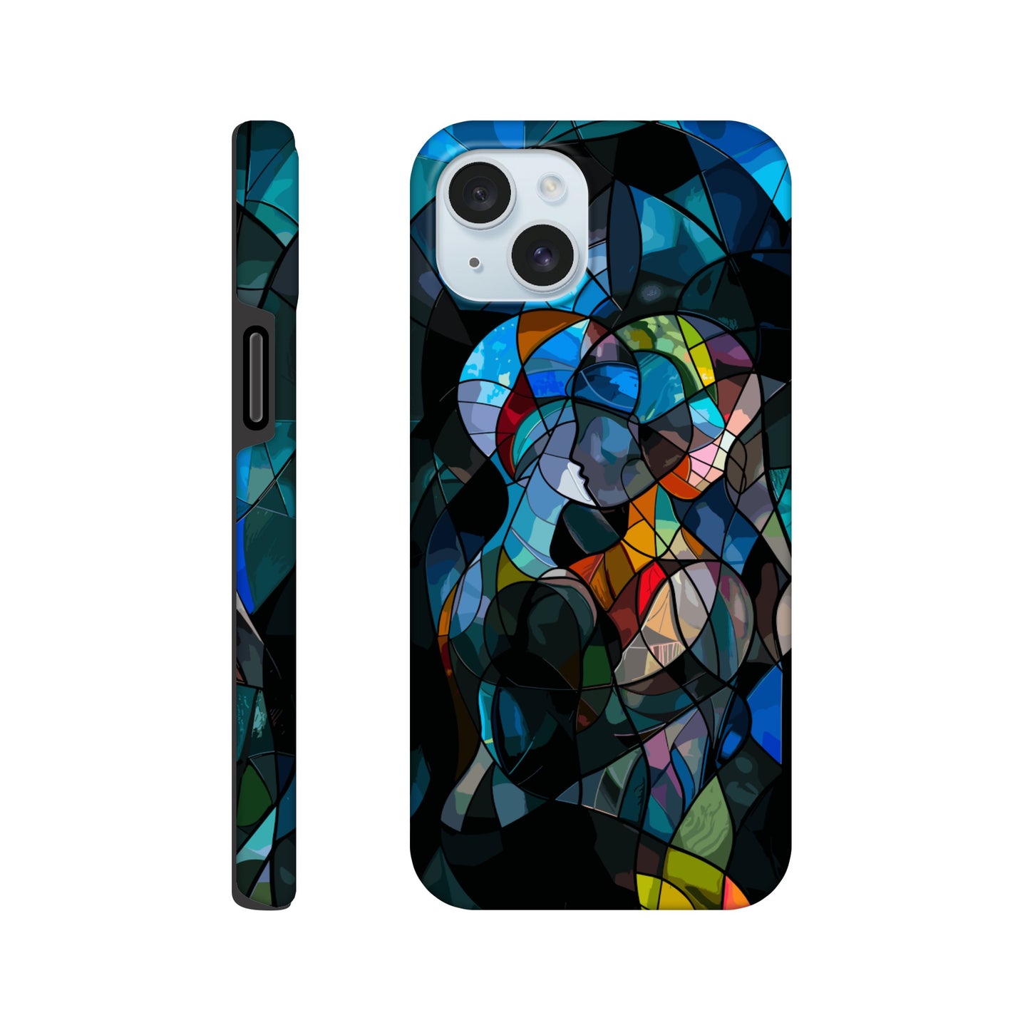 An iPhone 15 Plus Phone Case with the following design on it: stained glass window of two people hugging, in the style of cubism, abstract shapes and lines, vibrant colors, dark background, hyper realistic 