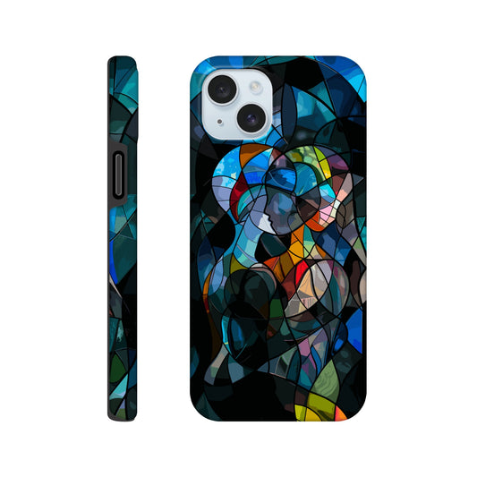 An iPhone 15 Plus Phone Case with the following design on it: stained glass window of two people hugging, in the style of cubism, abstract shapes and lines, vibrant colors, dark background, hyper realistic 