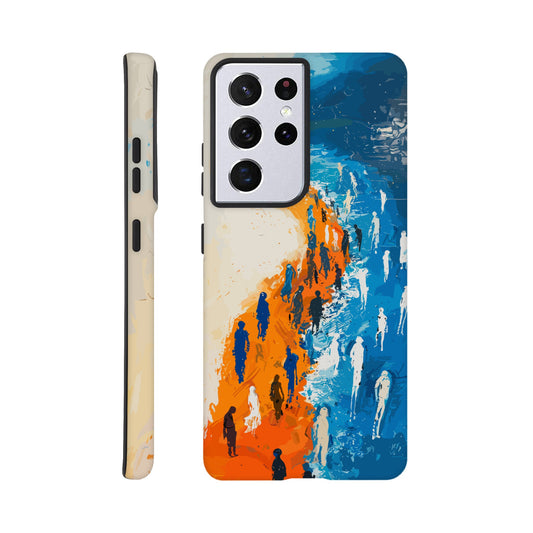 A Samsung Galaxy S21 Ultra Phone Case with the following design on it - the Sahara desert pouring into a beautiful ocean while a large group of non distinct human forms wade through the shallows as well as walk along the new shore, blue, orange, white, style of fauvism