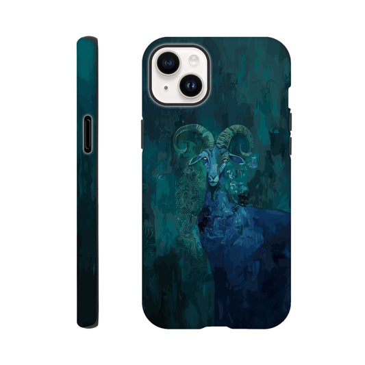 An Apple iPhone 14 Plus Phone Case with the following design on it - a Sea Goat, the symbol of the zodiac sign for capricorn, fabric painting, dark green, indigo