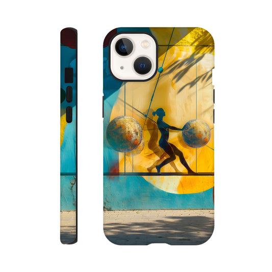 An Apple iPhone 13 Phone Case with the following design on it: A colorful mural depicting the figure of a Female athlete with two circles and three spheres in yellow, blue, and red colors, painted on concrete walls. A woman is running between them while holding another sphere in her hand. The shadows cast by palm trees create dynamic patterns that highlight details like dots and lines, adding depth to the scene