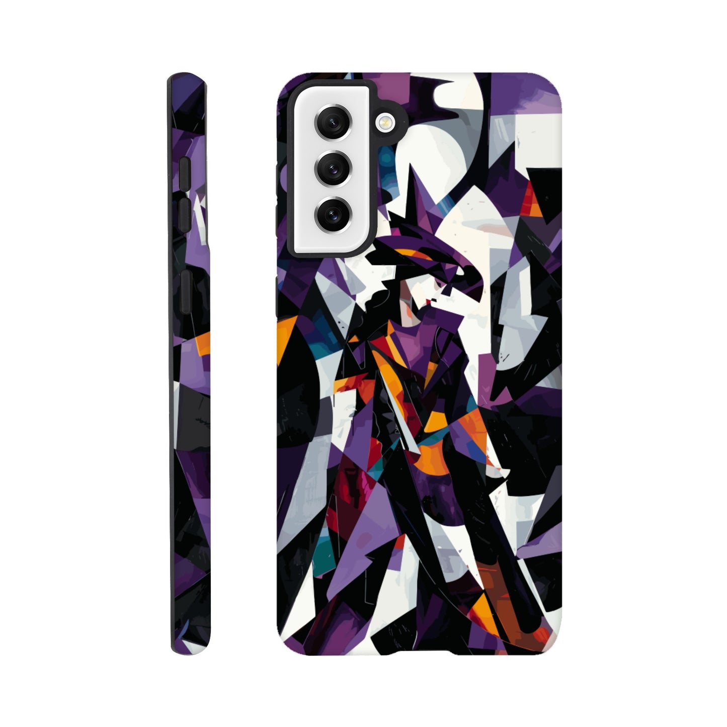 A Samsung Galaxy S21 Plus Phone Case with the following design on it : geometric and abstract design of a figure with sharp angles and vibrant colors, primarily purple, black, white, and orange.