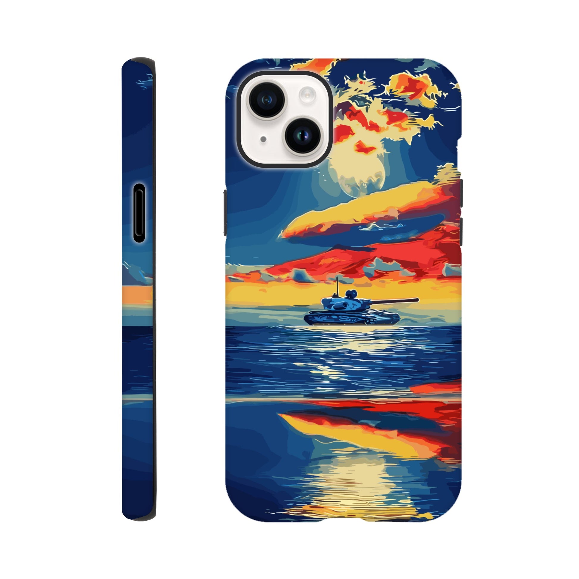 An Apple iPhone 14 Plus Phone Case with the following design on it : A tank is sailing on the sea, with colorful clouds in the sky and a sunset reflection on the water surface, the style of an oil painting. The main colors of red, blue, yellow and orange are presented in a flat illustration