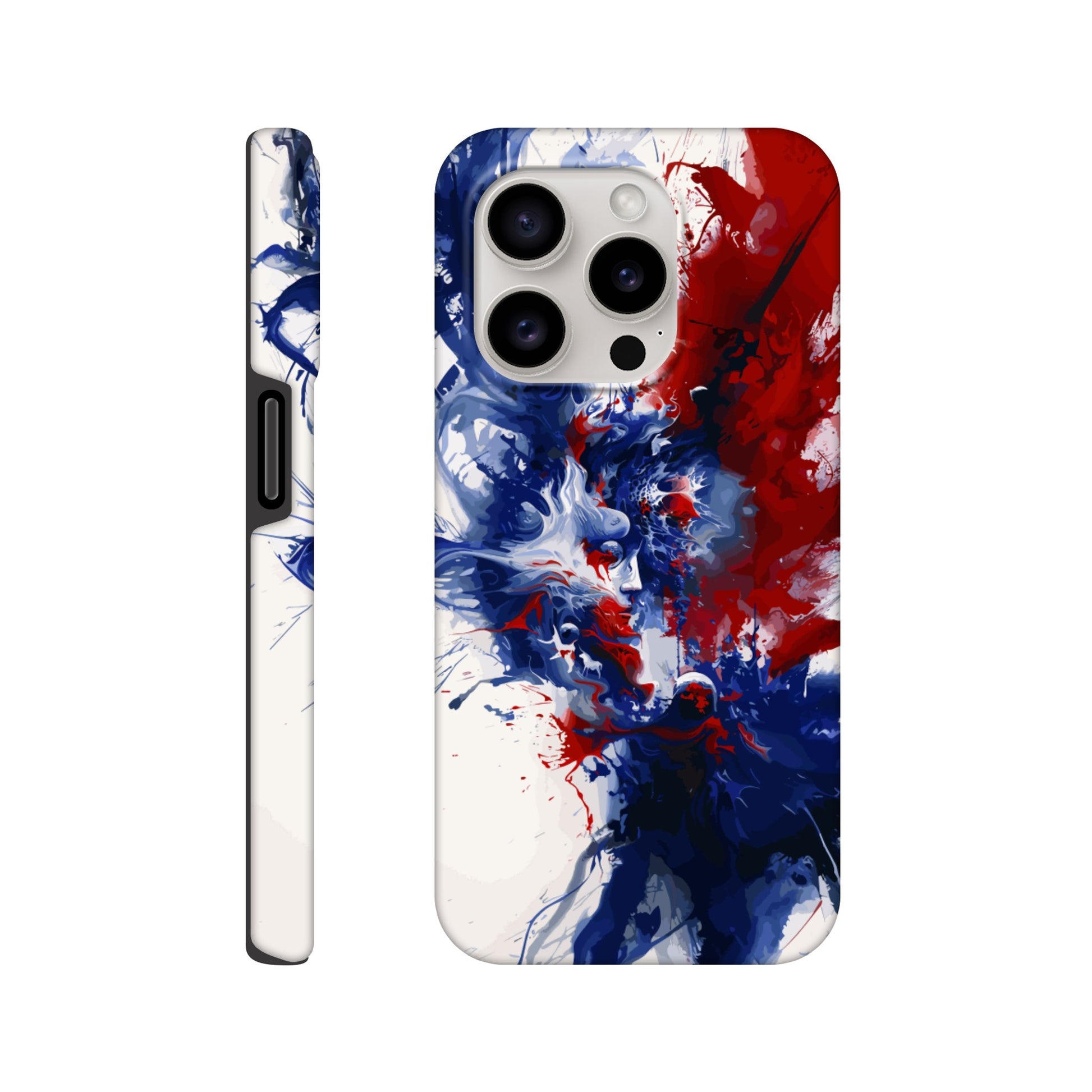 An Apple iPhone 15 Pro Phone Case with the following design on it: Abstract Blue and Red Painting, white background, ink painting, splash art in the style of ink painting, human profile in the middle which seems to be depicting someone in deep thought 