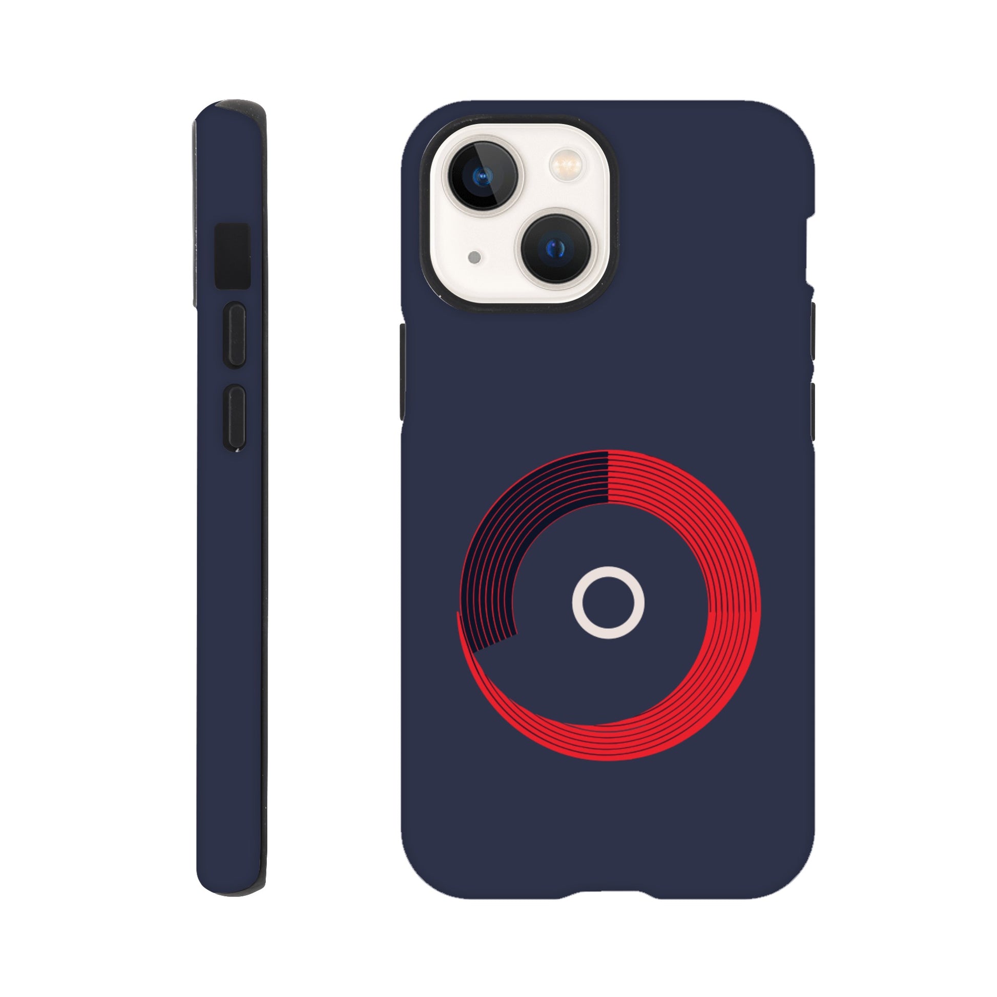 An Apple iPhone 13 Mini Phone Case with the following design on it: a red circle with black curved lines in the circle that make it look like bleachers from above on a navy blue background, there is a white letter circle in the center, a sleek and modern appearance, subtle gradients for depth effect