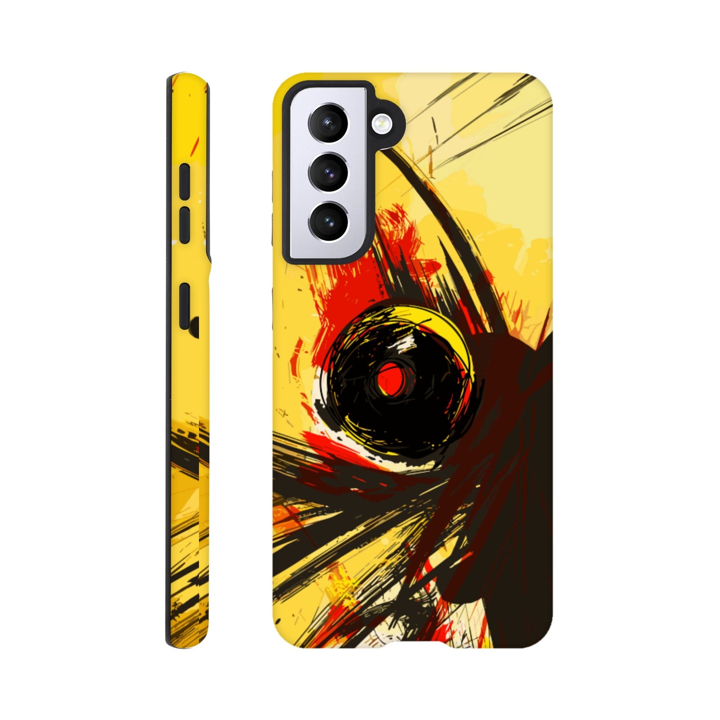 A Samsung Galaxy S21 Phone Case with the following design on it : Abstract drawing of a humanoid insect hybrid figure,  red and black colors. In the style of comic brush strokes that creates a kind of frenetic energy. The light yellow background.