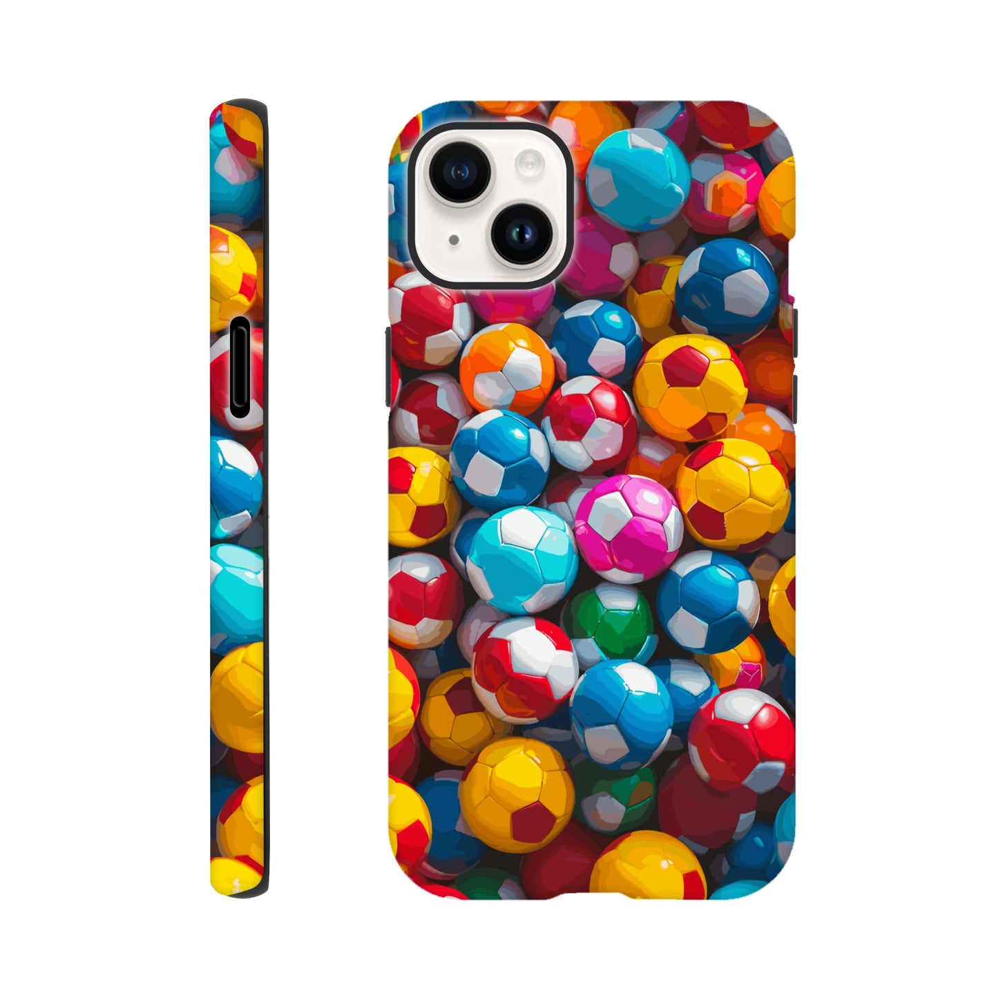 An iPhone 14 Plus Phone Case with the following design on it: A Kids ball pit made up of soccer balls, the soccer balls are of a variety of colors, fun and bright, pop art