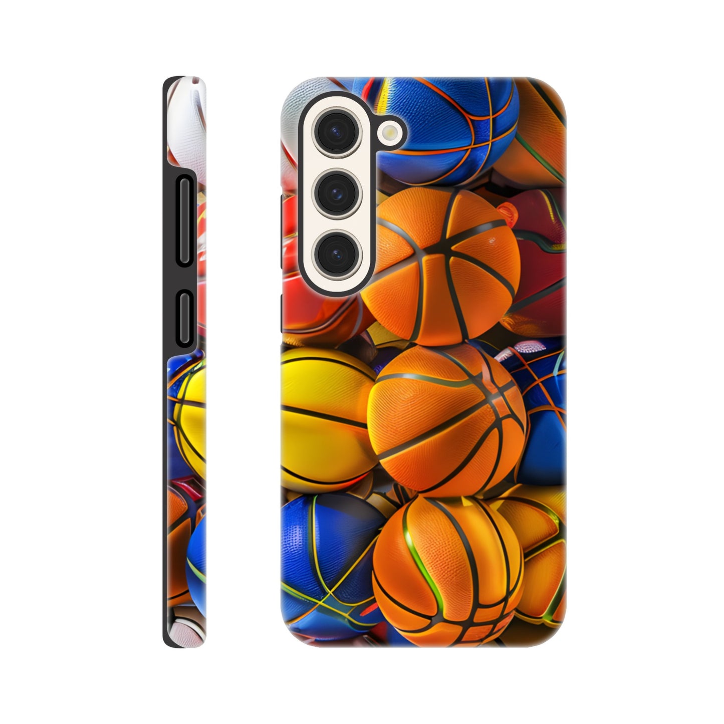 A Samsung Galaxy S23 Phone Case adorned with an image of a lot of basketballs, of a variety of primary colors, in the form of cube