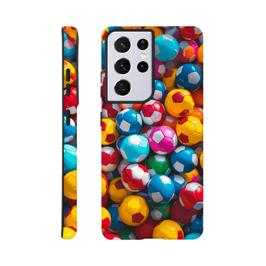 A Samsung Galaxy 21 Ultra Phone Case with the following design on it: A Kids ball pit made up of soccer balls, the soccer balls are of a variety of colors, fun and bright, pop art