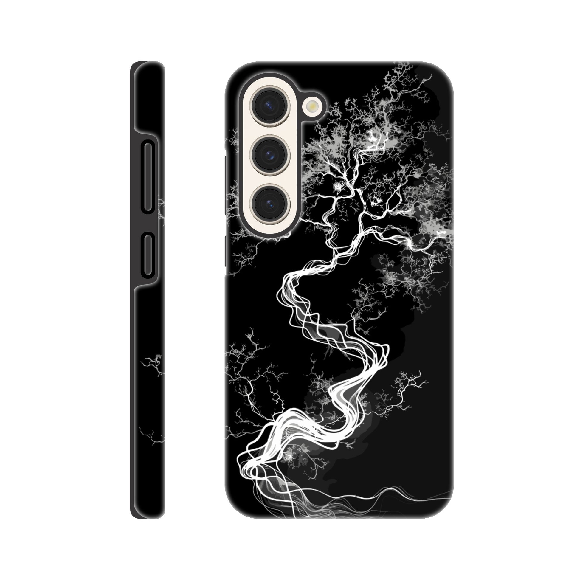 A Samsung Galaxy S23 Phone Case with the following design on it - a sketch of a white fractal tree against a black background