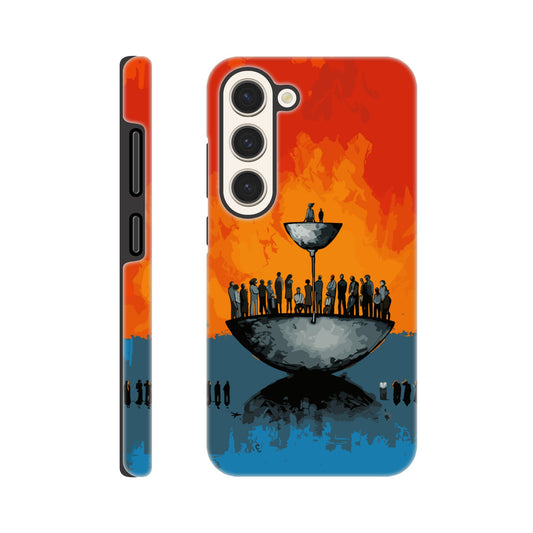 A Samsung Galaxy S23 Phone Case with the following design on it - A large person is sitting in a bowl of a weighing scale. There is a larger bowl beneath this with lots of people in it. Income Inequality is theme, pop art, blue, orange, black, and red