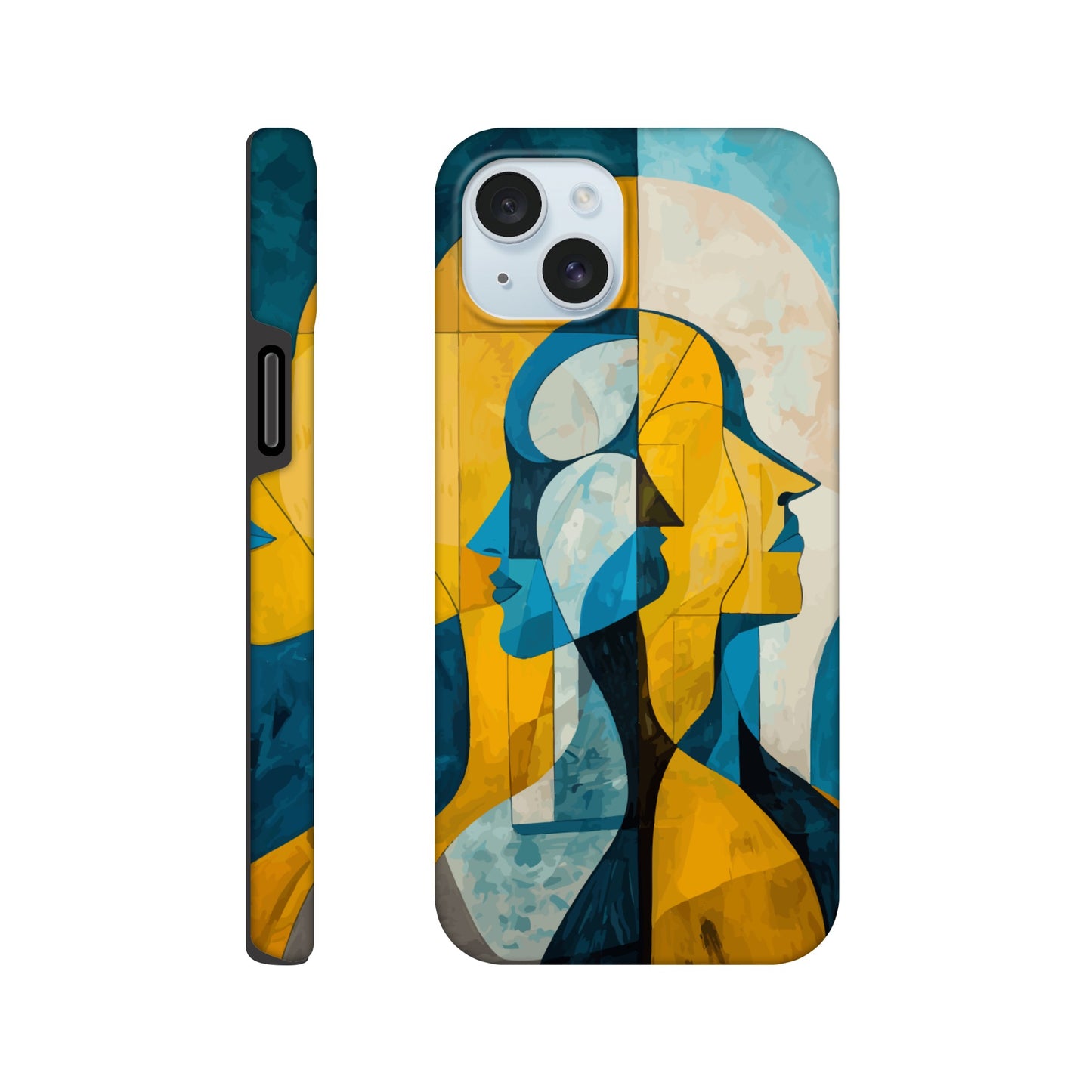 An Apple iPhone 15 Plus Phone Case with the following design on it - the Gemini Astrological sign depicting twins facing away from one another, the twins are of no specific sexual or ethnic orientation, yellow, baby blue, white, cubism