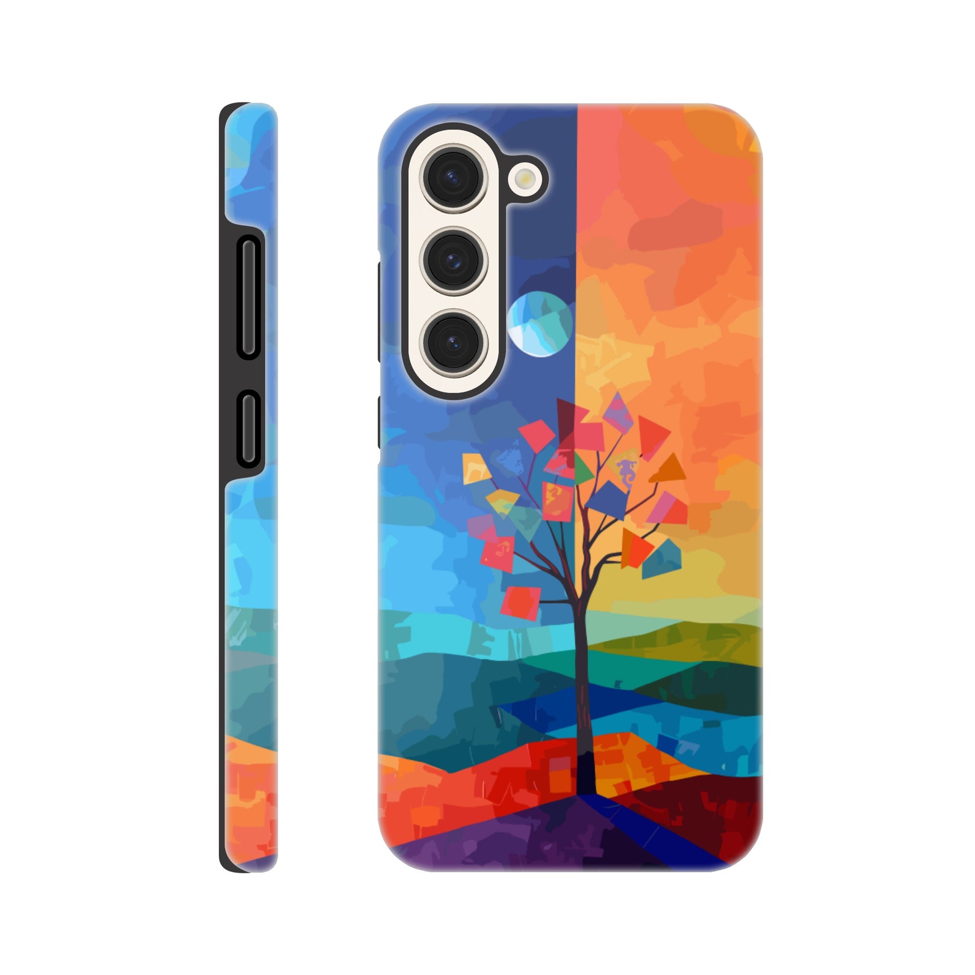 A Samsung Galaxy S23 Phone Case with the following design on it : A landscape with two distinct color blocks representing day and night, featuring the sun on one side and the moonlight on the other, with a tree in between, depicted as geometric shapes and colors in the style of abstract art, with vibrant and contrasting colors, a modern digital painting