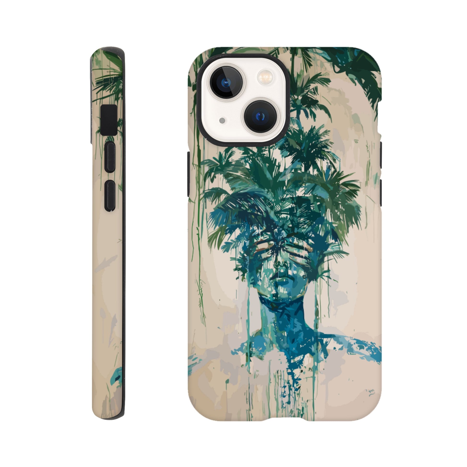 An Apple iPhone 13 Mini phone case with the following design on it -the soulless look on the face of either a female or male human form that is self possessed and obscured by a dozen palm trees, green, blue, white, surrealism meets fauvism