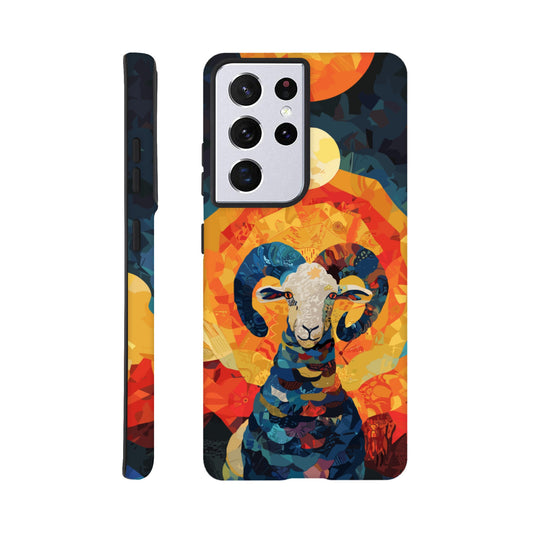 A Samsung Galaxy S21 Ultra Phone Case with the following design on it - A Ram is facing towards you. There is a large Sun above the Ram even though it appears to be nighttime and a small moon as well, the style is art nouveau with very vibrant primary colors.