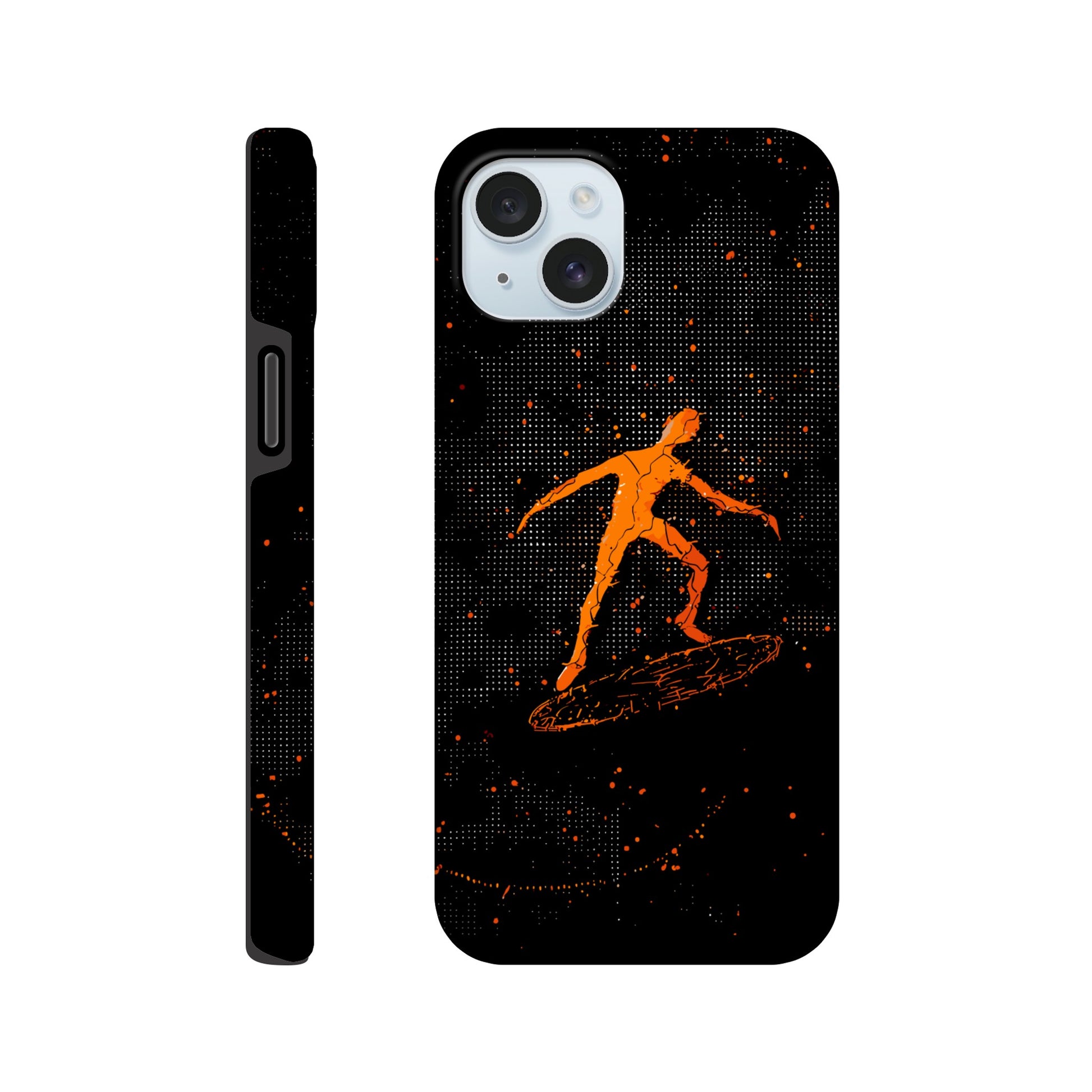 An Apple iPhone 15 Plus Phone Case with the following design on it : orange glowing silhouette of a male surfer against a black background, in the style of digital art, dark orange and light amber, pointillist dot paintings, high resolution, symmetrical grid-like patterns, minimalist figures, glitched edges