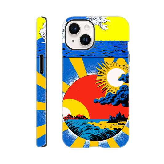 An Apple iPhone 14 Phone Case with the following design on it: sun and clouds, blue sky with yellow rays of light, sun setting in the background, in the style of a Japanese illustration, blue sea wave on top left corner, red circle below centered, blue storm clouds inside red dot, colorful poster print style