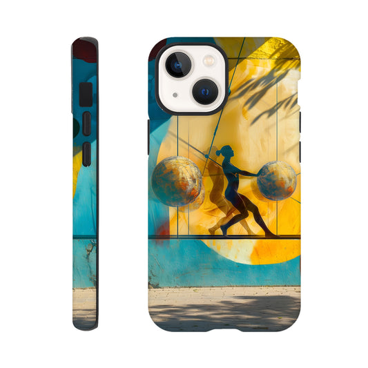 An Apple iPhone 13 Mini Phone Case with the following design on it: A colorful mural depicting the figure of a Female athlete with two circles and three spheres in yellow, blue, and red colors, painted on concrete walls. A woman is running between them while holding another sphere in her hand. The shadows cast by palm trees create dynamic patterns that highlight details like dots and lines, adding depth to the scene