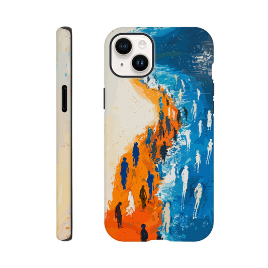 An iPhone 14 Plus Phone Case with the following design on it - the Sahara desert pouring into a beautiful ocean while a large group of non distinct human forms wade through the shallows as well as walk along the new shore, blue, orange, white, style of fauvism