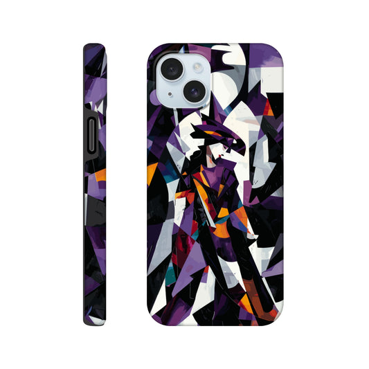 Apple iPhone 15 Plus Phone Case with the following design on it : geometric and abstract design of a figure with sharp angles and vibrant colors, primarily purple, black, white, and orange.