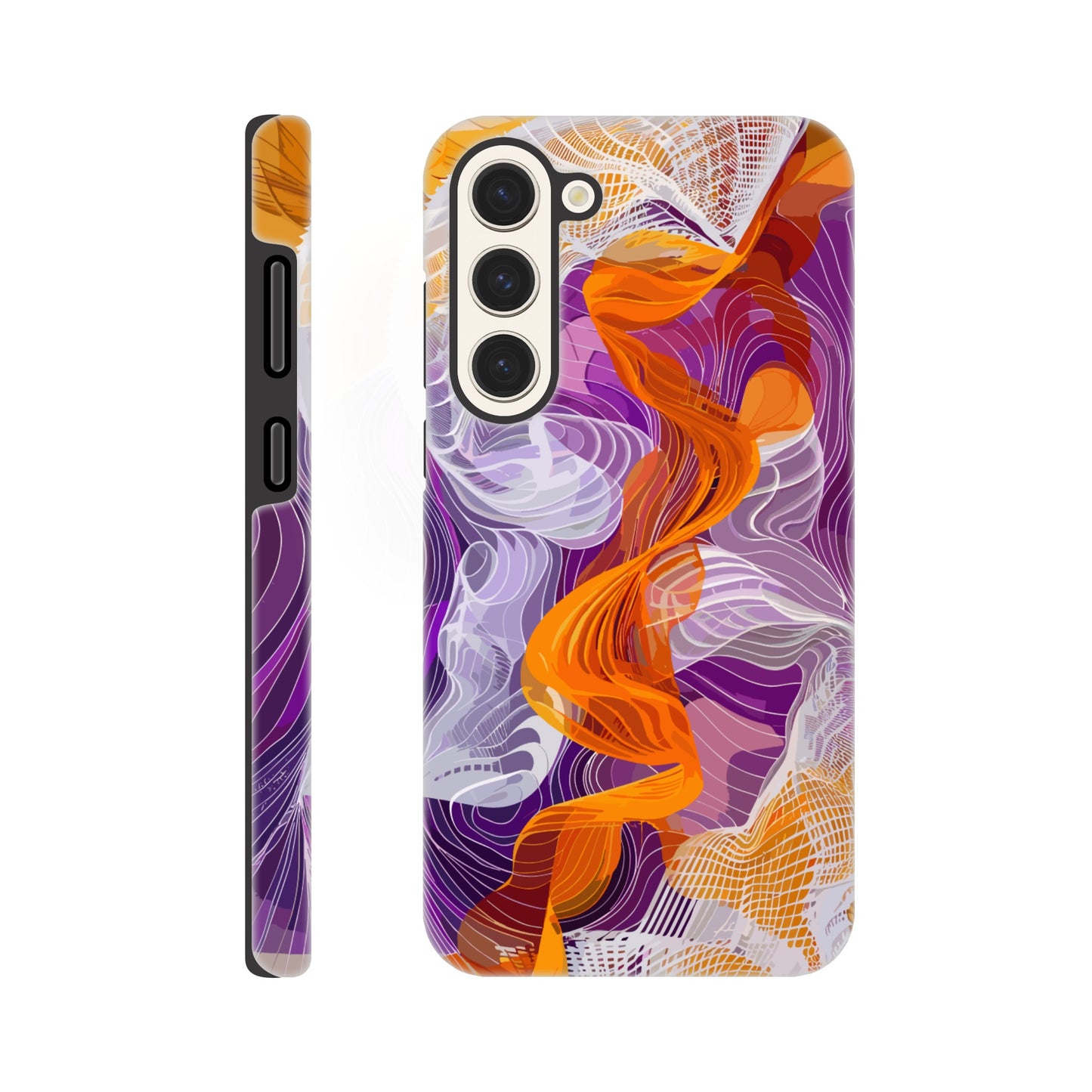 A Samsung Galaxy S23 Plus Phone Case with the following design on it - A modern digital art piece of an abstract representation of waves and swirls, with orange and purple hues, composed from flowing lines in a white mesh pattern, creating the illusion that they flow like ribbons or threads. The background is a gradient of these colors, adding depth to the composition. This artwork symbolizes movement, fluidity, and dynamic energy through its intricate design.