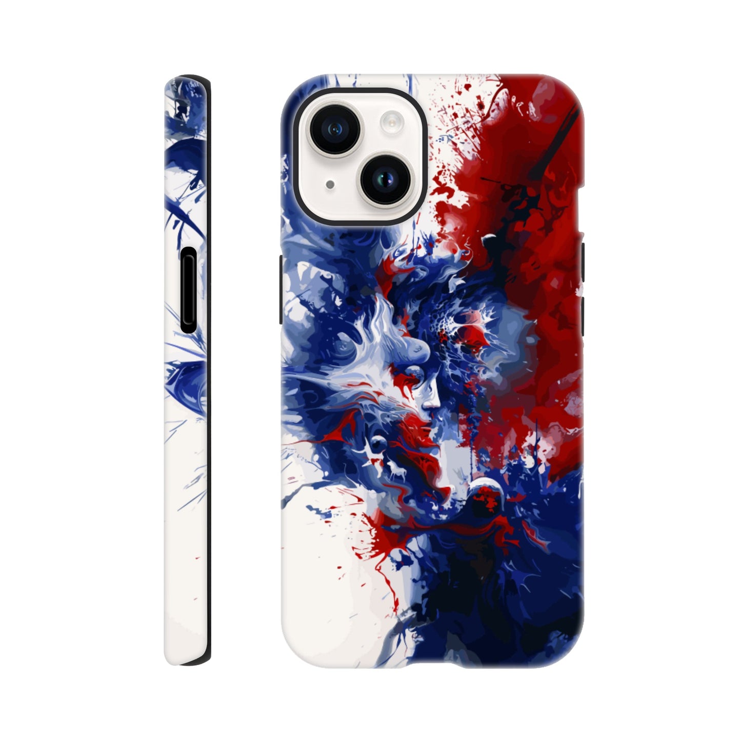 An Apple iPhone 14 Phone Case with the following design on it: Abstract Blue and Red Painting, white background, ink painting, splash art in the style of ink painting, human profile in the middle which seems to be depicting someone in deep thought 