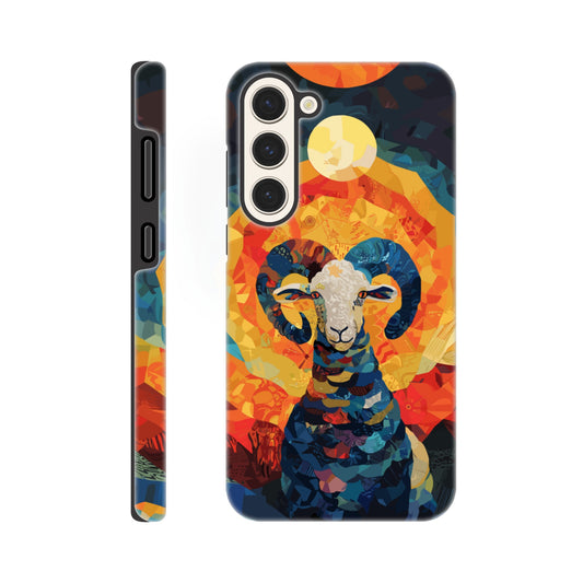 A Samsung Galaxy S23 Plus Phone Case with the following design on it - A Ram is facing towards you. There is a large Sun above the Ram even though it appears to be nighttime and a small moon as well, the style is art nouveau with very vibrant primary colors.