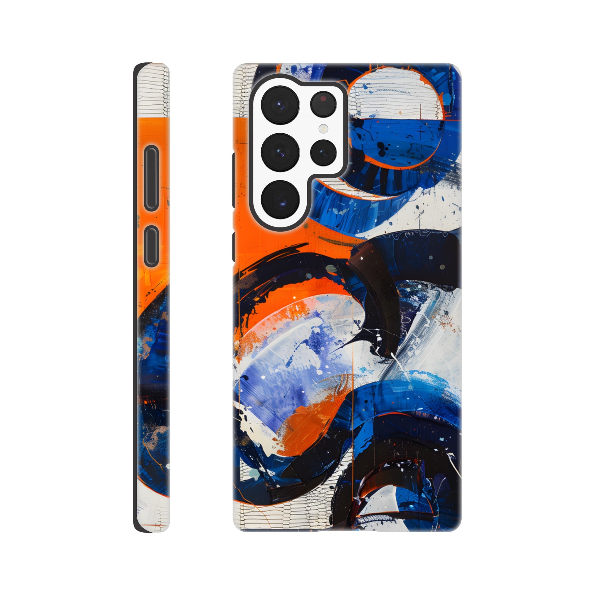 A Samsung Galaxy S22 Ultra Phone Case with the following design on it - An abstract painting of circles and squares in orange, blue and white, with an overall sense of movement and vitality. The background is collage-like, with elements such as textures, lines, stripes, scribbles and splashes of paint, along with irregular shapes