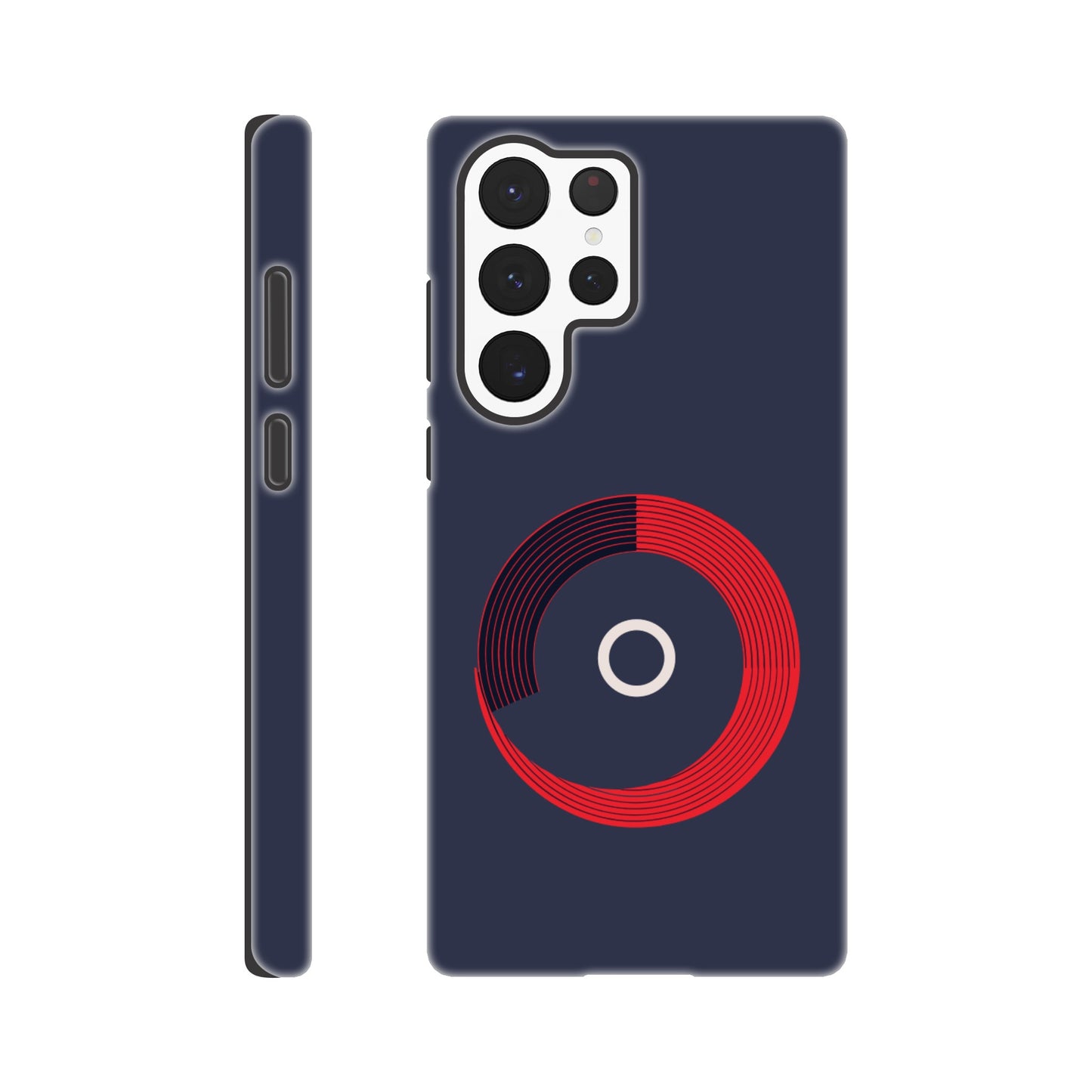 A Samsung Galaxy S22 Ultra Phone Case with the following design on it: a red circle with black curved lines in the circle that make it look like bleachers from above on a navy blue background, there is a white letter circle in the center, a sleek and modern appearance, subtle gradients for depth effect