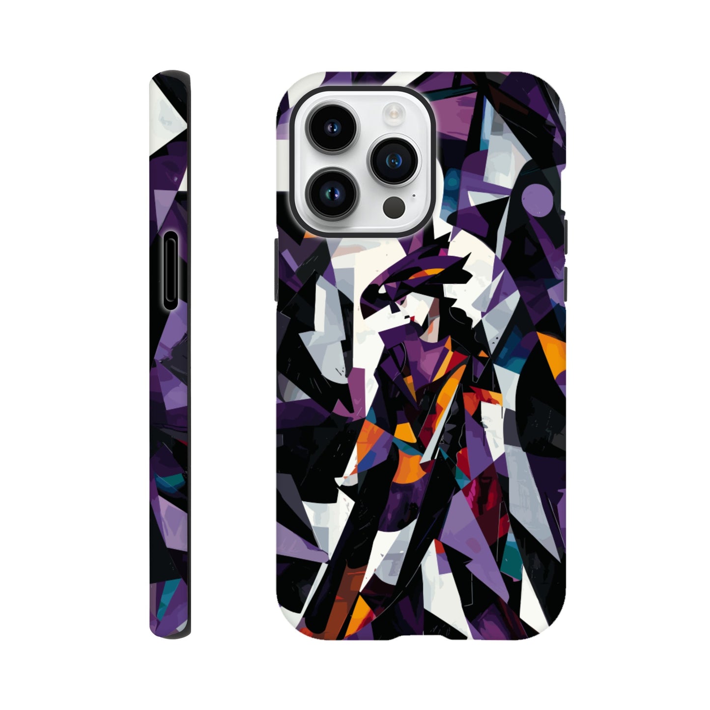 An Apple iPhone 14 Pro Max Phone Case with the following design on it : geometric and abstract design of a figure with sharp angles and vibrant colors, primarily purple, black, white, and orange.