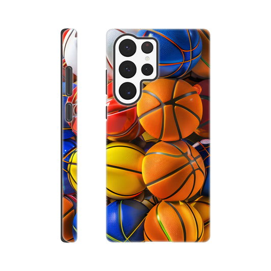 A Samsung Galaxy S22 Ultra Phone Case adorned with an image of a lot of basketballs, of a variety of primary colors, in the form of cube