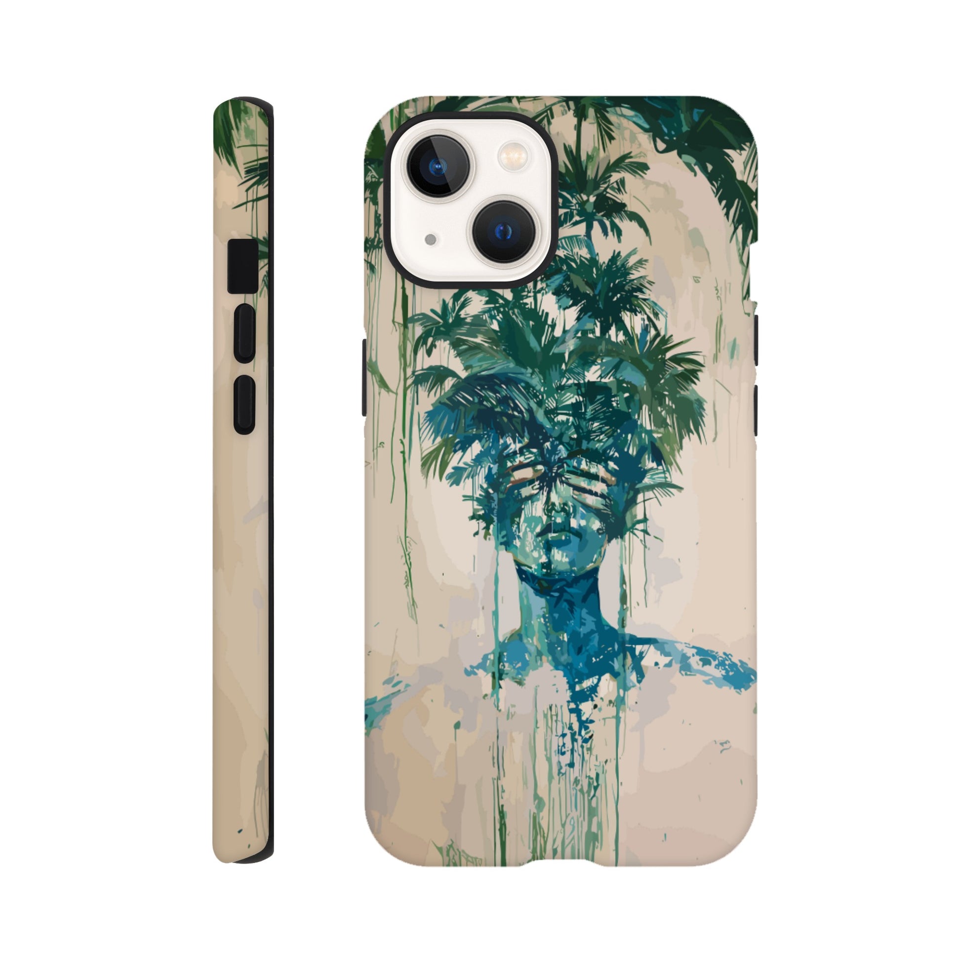 An Apple iPhone 13 phone case with the following design on it -the soulless look on the face of either a female or male human form that is self possessed and obscured by a dozen palm trees, green, blue, white, surrealism meets fauvism