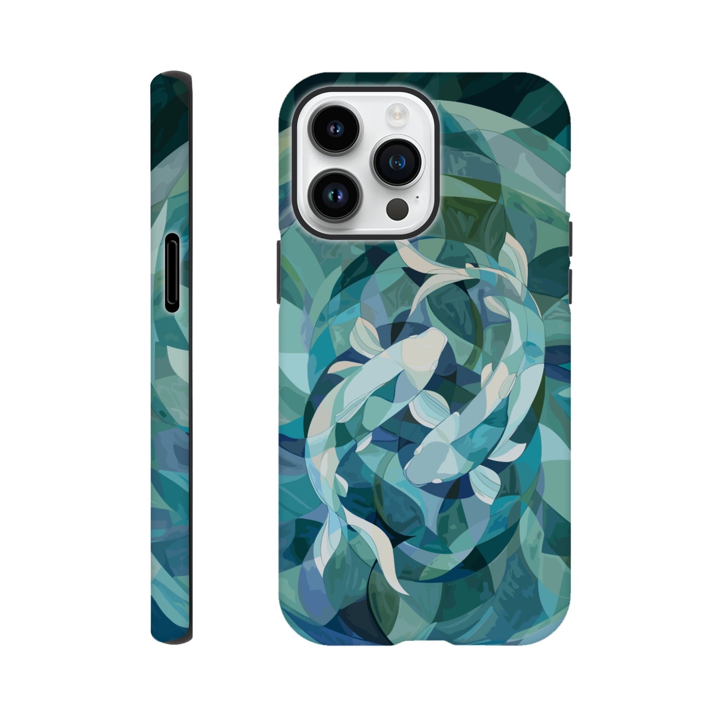 An Apple iPhone 14 Pro Max Phone Case with the following design on it : A representation of the Pisces zodiac sign depicted as follows - A geometric abstract painting of fish swimming in circles, using shades and shapes to create the illusion that they form an endless circle. The color palette is soft with pastel blues and greens, giving it a calming effect. This artwork symbolizes motion, energy flow, chaos theory, infinite reflection, balance between movement and stillness