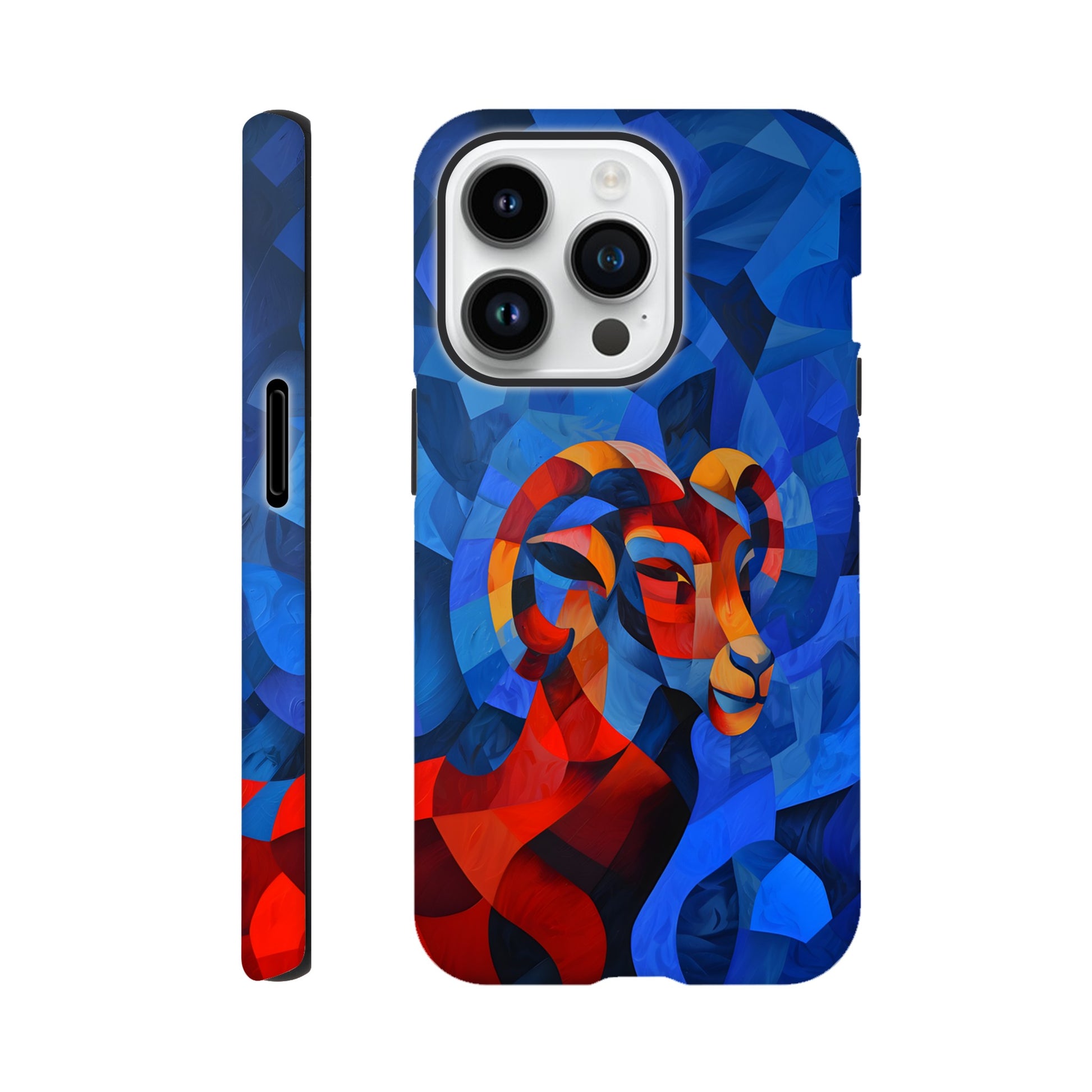 An Apple iPhone 14 Pro Phone Case with a design of an Aries astrological sign- a Ram, in the style of cubism, blue, red,