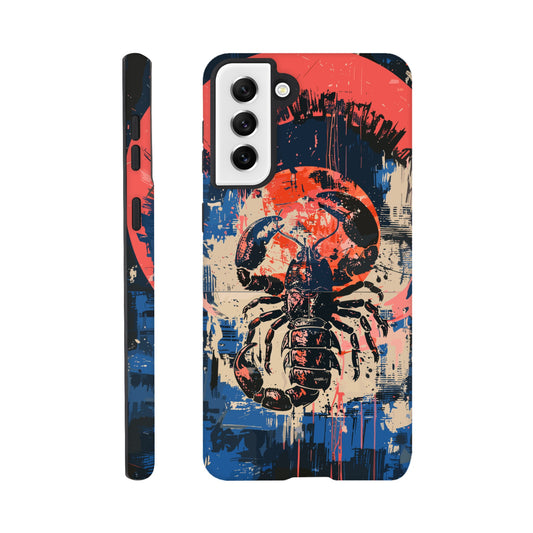 A Samsung Galaxy S21 Plus Phone Case with the following design on it : A painting of a Scorpio with red accents, the Scorpio is the symbol for the astrological sign Scorpio, the Scorpio is positioned in the center against abstract blue and white brushstrokes, within a pink circle. The artwork has a splattered, chaotic background.