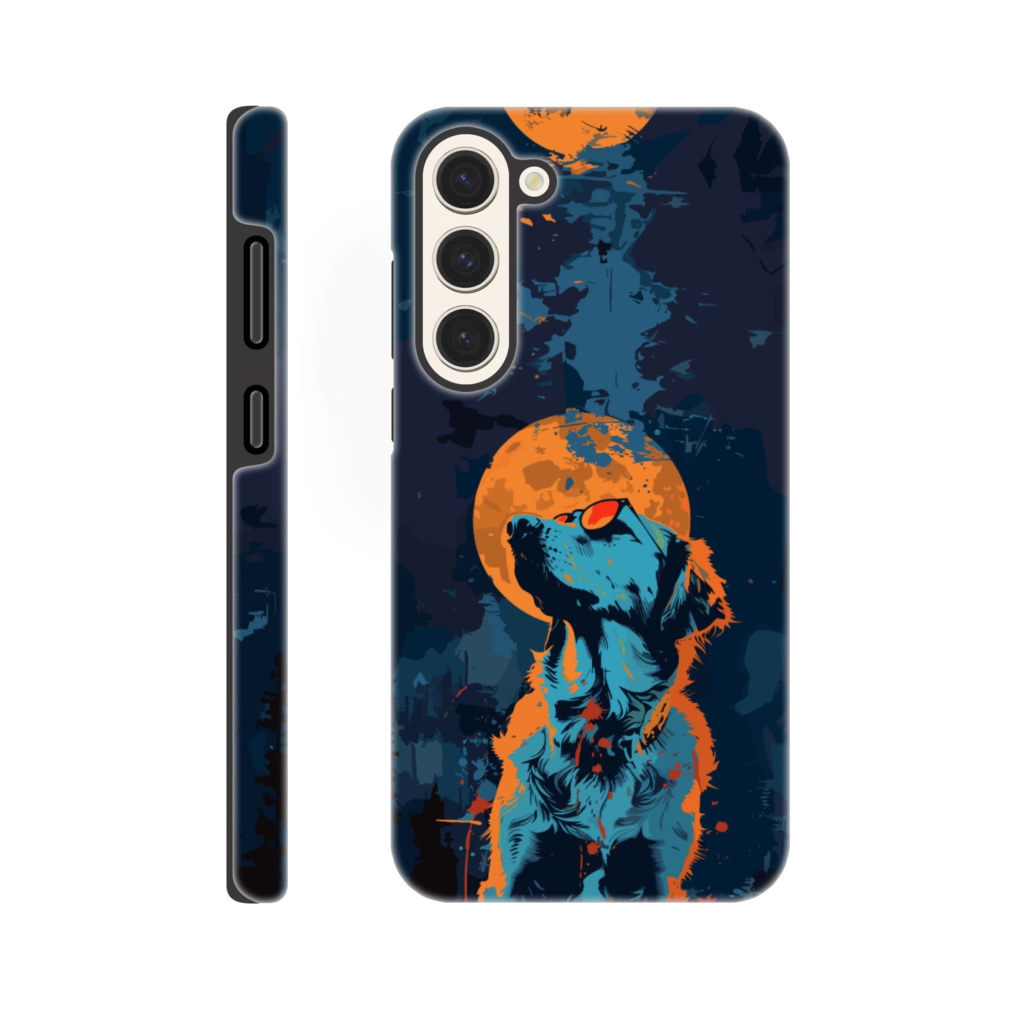 A Samsung Galaxy S23 Plus Phone Case with the following design on it - A golden retriever dog with the moon behind it in a blue and orange color scheme, a night forest background, flat vector art with dark blue and light amber colors, a cyberpunk aesthetic