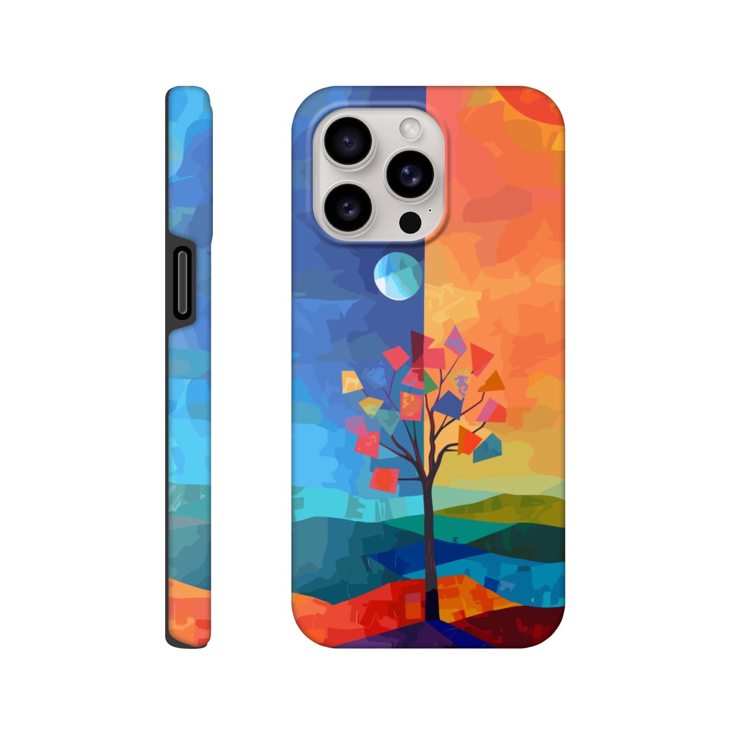 An Apple iPhone 15 Pro Max Phone Case with the following design on it - A landscape with two distinct color blocks representing day and night, featuring the sun on one side and the moonlight on the other, with a tree in between, depicted as geometric shapes and colors in the style of abstract art, with vibrant and contrasting colors, a modern digital painting