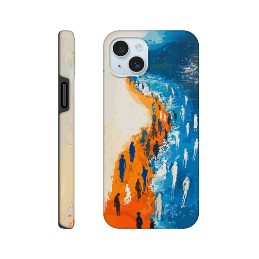 An iPhone 15 Plus Phone Case with the following design on it - the Sahara desert pouring into a beautiful ocean while a large group of non distinct human forms wade through the shallows as well as walk along the new shore, blue, orange, white, style of fauvism