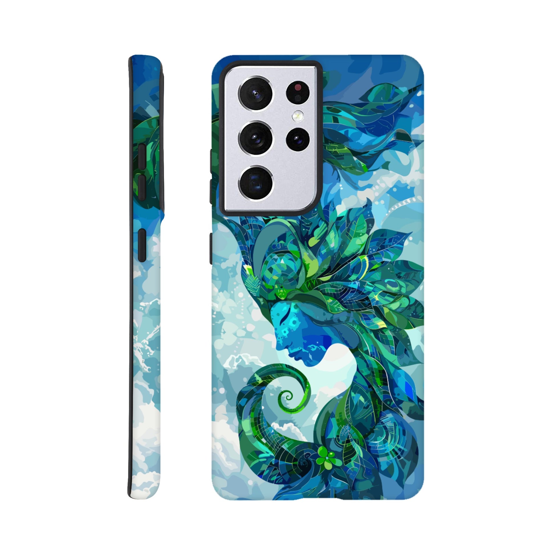 A Samsung Galaxy S21 Ultra Phone Case with the following design on it: digital illustration of the symbol for the Zodiac symbol for Virgo, abstract Maiden, swirling in the sky with clouds and blue background, vibrant green and dark blues, digital art style, detailed shading, intricate details, fantasy elements, fantasy-inspired designs, fantasy realism