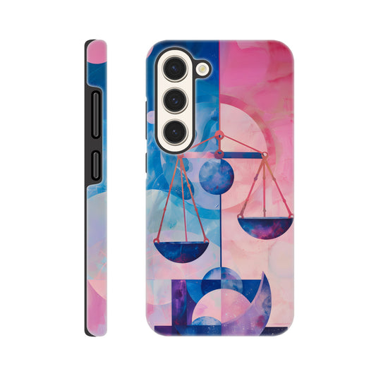 A Samsung Galaxy S23 Phone Case with the following design on it : The Zodiac symbol for Libra, scales of justice theme, planet Venus in the background, Bauhaus style, royal blue, light pink