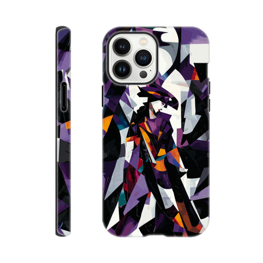 An Apple iPhone 13 Pro Max Phone Case with the following design on it : geometric and abstract design of a figure with sharp angles and vibrant colors, primarily purple, black, white, and orange.