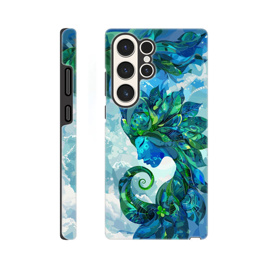 A Samsung Galaxy S23 Ultra Phone Case with the following design on it: digital illustration of the symbol for the Zodiac symbol for Virgo, abstract Maiden, swirling in the sky with clouds and blue background, vibrant green and dark blues, digital art style, detailed shading, intricate details, fantasy elements, fantasy-inspired designs, fantasy realism