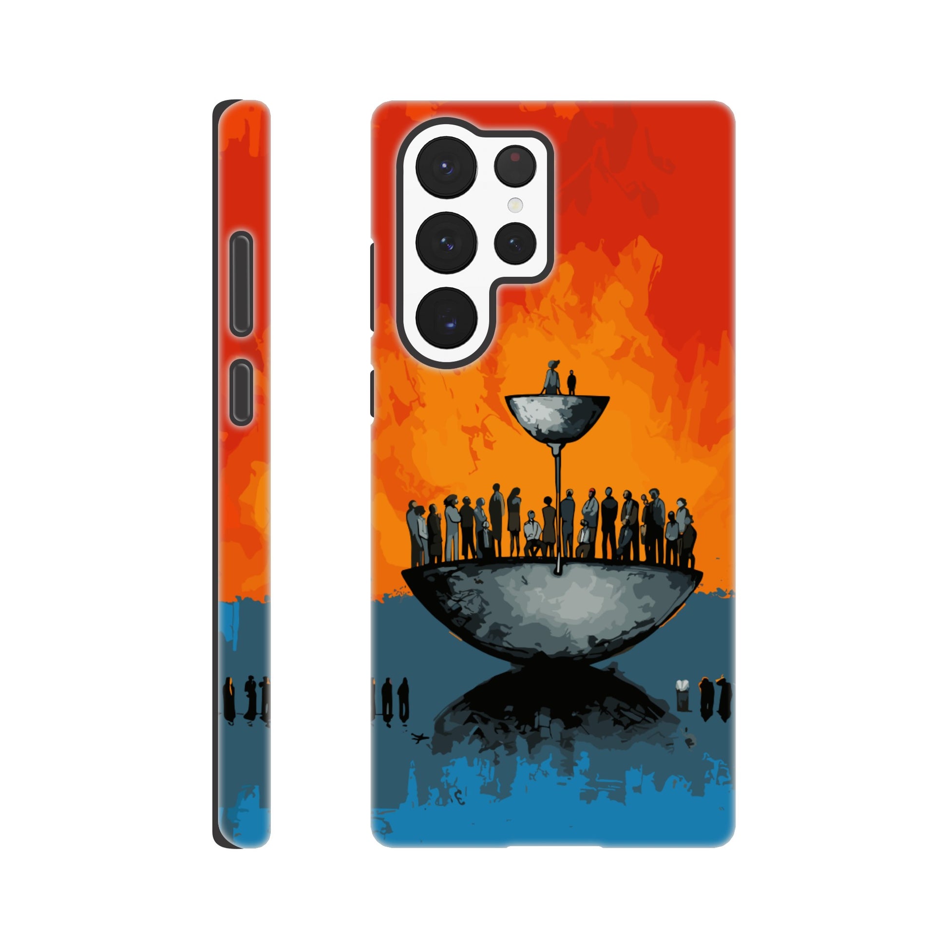 A Samsung Galaxy S22 Ultra Phone Case with the following design on it - A large person is sitting in a bowl of a weighing scale. There is a larger bowl beneath this with lots of people in it. Income Inequality is theme, pop art, blue, orange, black, and red