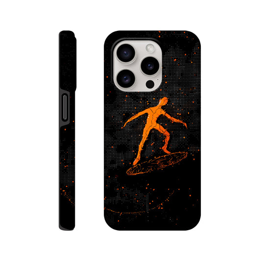 An Apple iPhone 15 Pro Phone Case with the following design on it : orange glowing silhouette of a male surfer against a black background, in the style of digital art, dark orange and light amber, pointillist dot paintings, high resolution, symmetrical grid-like patterns, minimalist figures, glitched edges