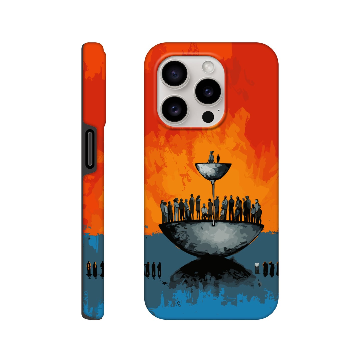 An Apple iPhone 15 Pro Phone Case with the following design on it - A large person is sitting in a bowl of a weighing scale. There is a larger bowl beneath this with lots of people in it. Income Inequality is theme, pop art, blue, orange, black, and red