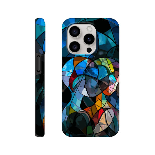 An iPhone 15 Pro Phone Case with the following design on it: stained glass window of two people hugging, in the style of cubism, abstract shapes and lines, vibrant colors, dark background, hyper realistic 