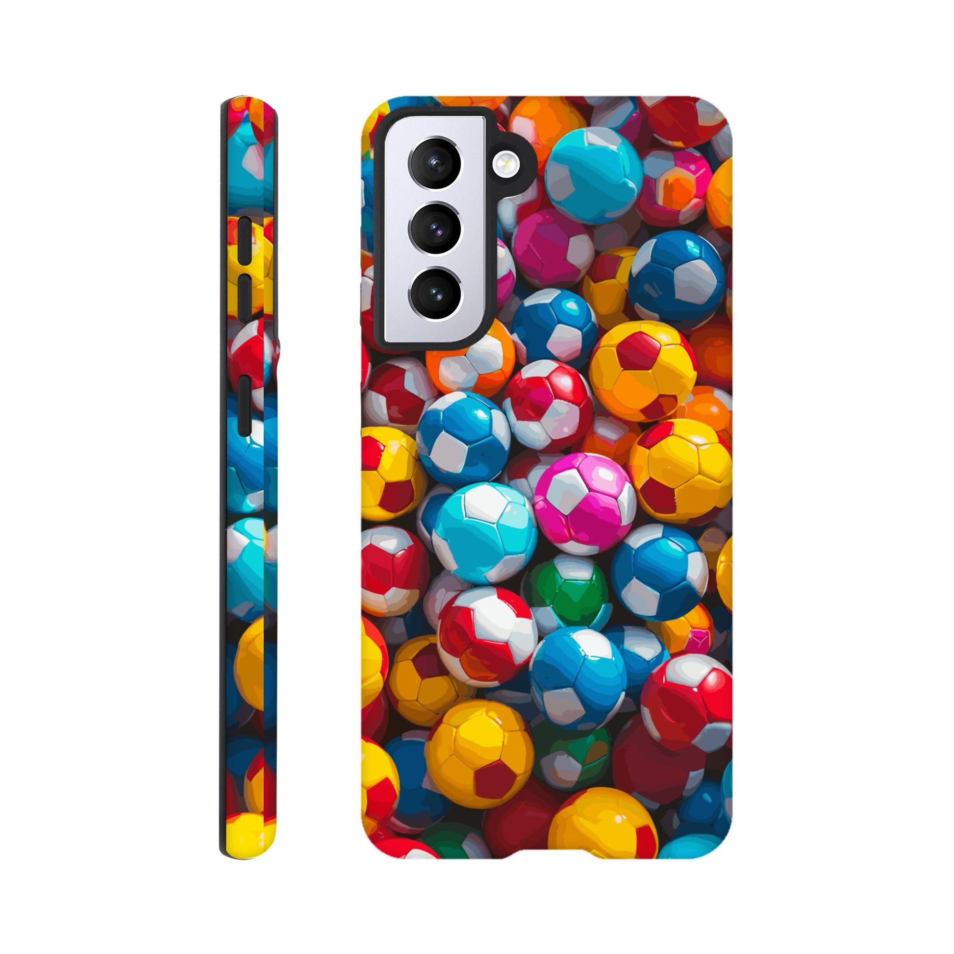 A Samsung Galaxy 21 Phone Case with the following design on it: A Kids ball pit made up of soccer balls, the soccer balls are of a variety of colors, fun and bright, pop art