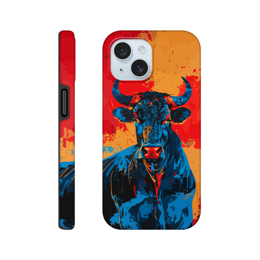 An Apple iPhone 15 Phone Case with the following design on it: Abstract blue bull on a red background in the style of urban graffiti, the Bull is the symbol for the astrological sign of Taurus, flat painting with brush strokes, strong color contrast in the style of urban street art, cool and confident expression of the blue ox with an eye-catching label and strong visual impact