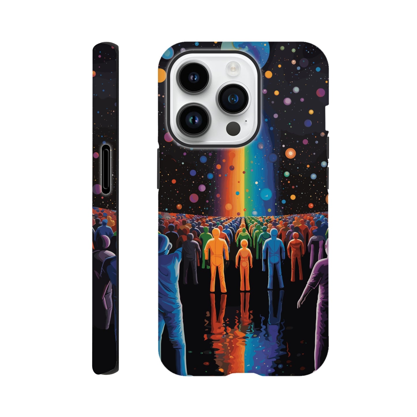 An Apple iPhone 14 Pro Phone Case with the following design on it : A cartoonish image of a colorful crowd of people on the surface of an alien planet, with rainbows and stars in the background. The design incorporates different colors to create a visually appealing composition. The lighting creates a sense of depth and dimension. The overall effect conveys wonderment and excitement as if looking out into space