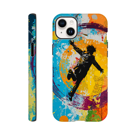 An Apple iPhone 14 Plus Phone Case with the following design on it -A graffiti style painting of the back of a human male in a suit falling in mid-air, with bold colors. The background is filled with vibrant splashes of color and newspaper texture in the style of American pop art